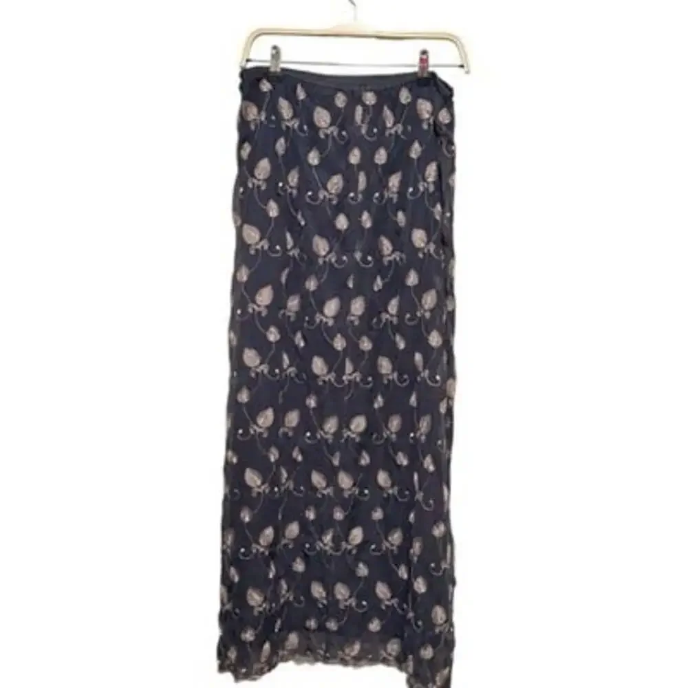 VTG Express Sz M Gray Embroidered Long Chiffon Maxi Skirt 90s Y2K Fairy Grunge